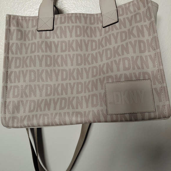 DKNY Beige Logo Jacquard Tote with Detachable Strap and Top Handles - Picture 2 of 6